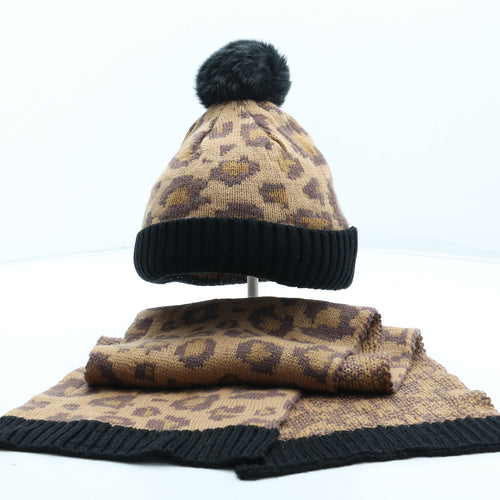 Thread Girls Girls Brown Animal Print Acrylic Bobble Hat One Size - Leopard Pattern Matching Scarf. Size 5-9 years