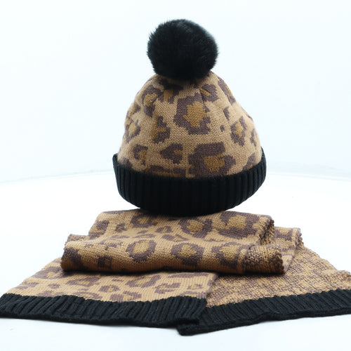 Thread Girls Girls Brown Animal Print Acrylic Bobble Hat One Size - Leopard Pattern Matching Scarf. Size 5-9 years
