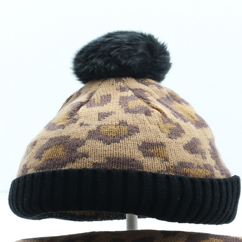 Thread Girls Girls Brown Animal Print Acrylic Bobble Hat One Size - Leopard Pattern Matching Scarf. Size 5-9 years