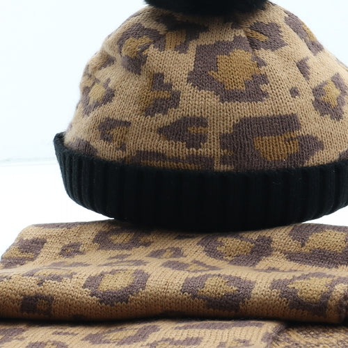 Thread Girls Girls Brown Animal Print Acrylic Bobble Hat One Size - Leopard Pattern Matching Scarf. Size 5-9 years