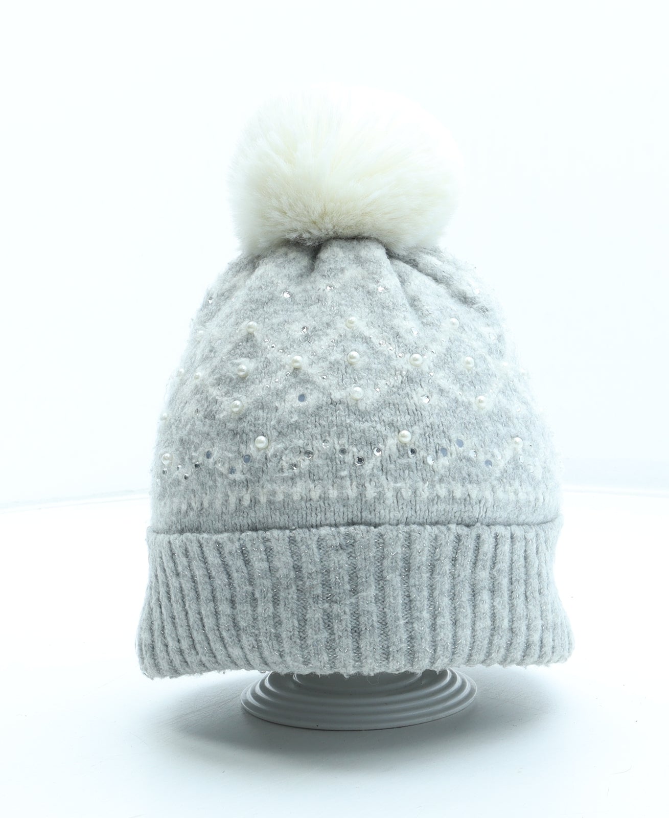 F&F Womens Grey Fair Isle Acrylic Bobble Hat One Size
