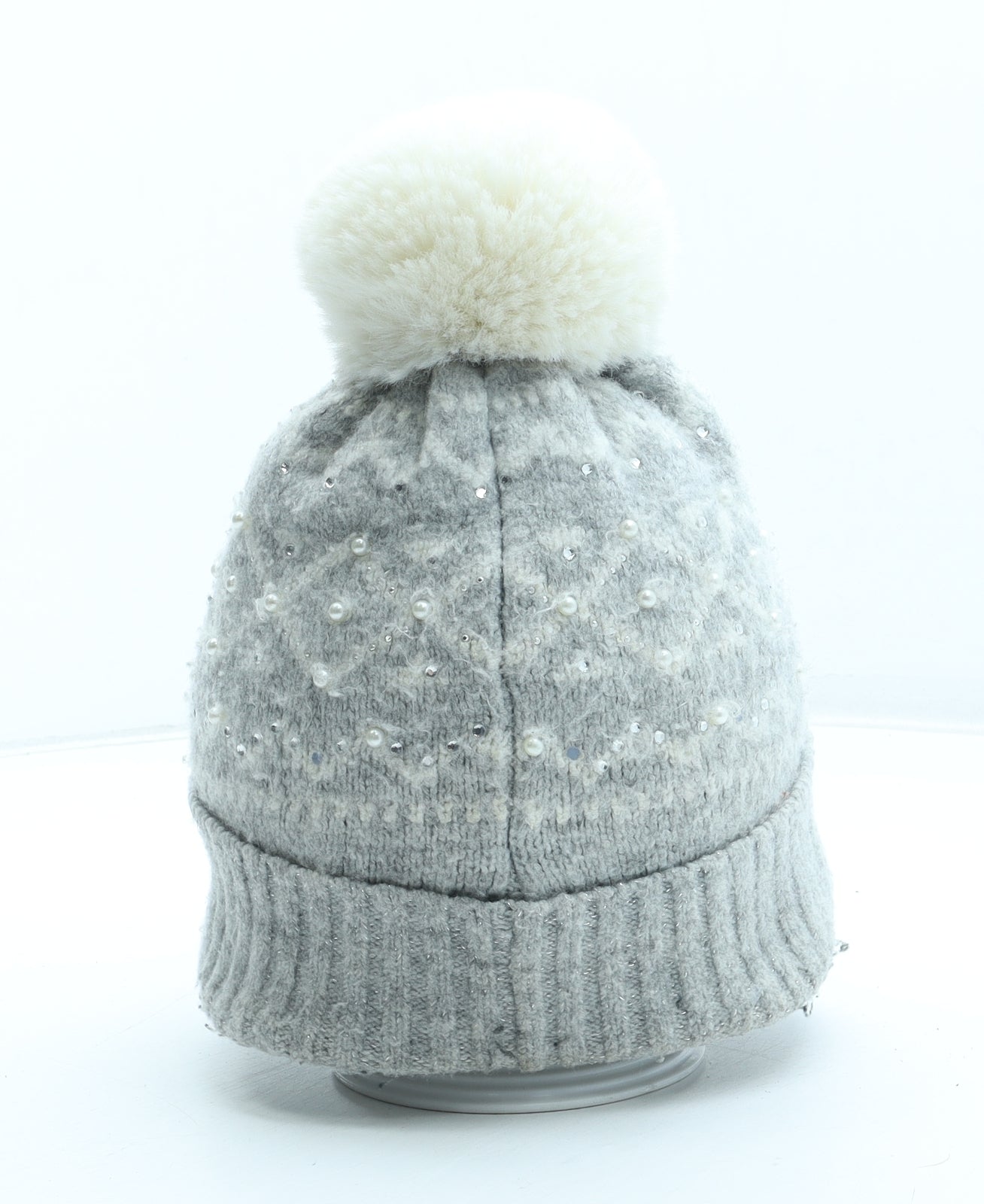 F&F Womens Grey Fair Isle Acrylic Bobble Hat One Size
