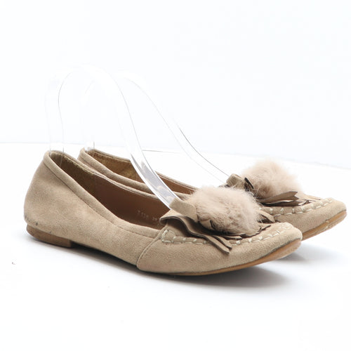Preworn Womens Beige Synthetic Moccasin Flat UK - Pom Pom Detail