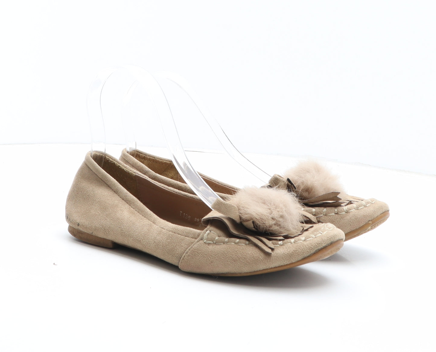 Preworn Womens Beige Synthetic Moccasin Flat UK - Pom Pom Detail