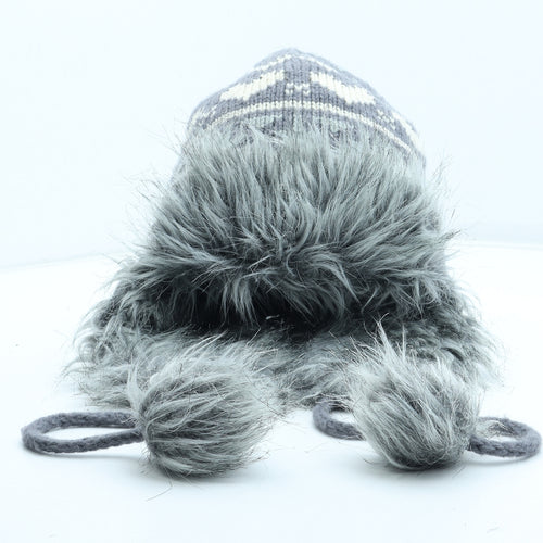 Preworn Womens Grey Fair Isle Acrylic Trapper Hat One Size