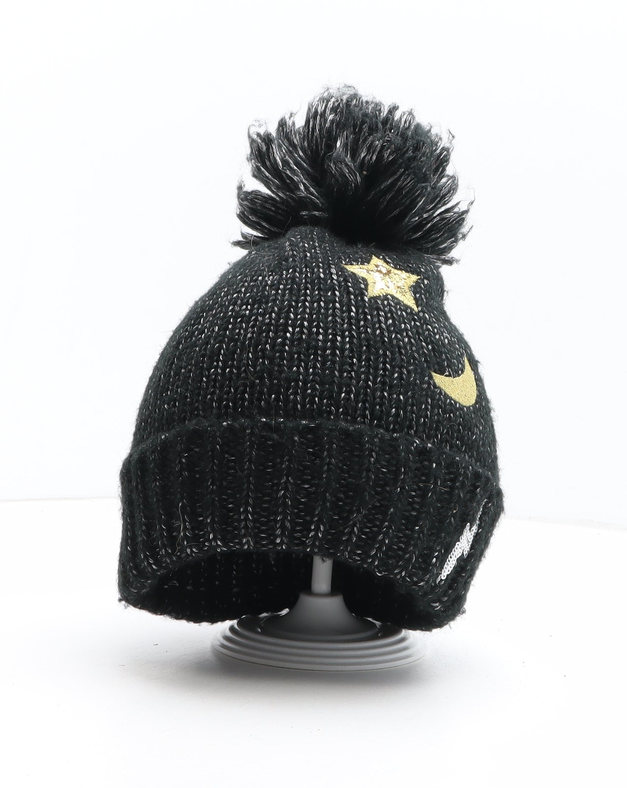 TU Girls Black Acrylic Bobble Hat One Size - Star Moon Detail