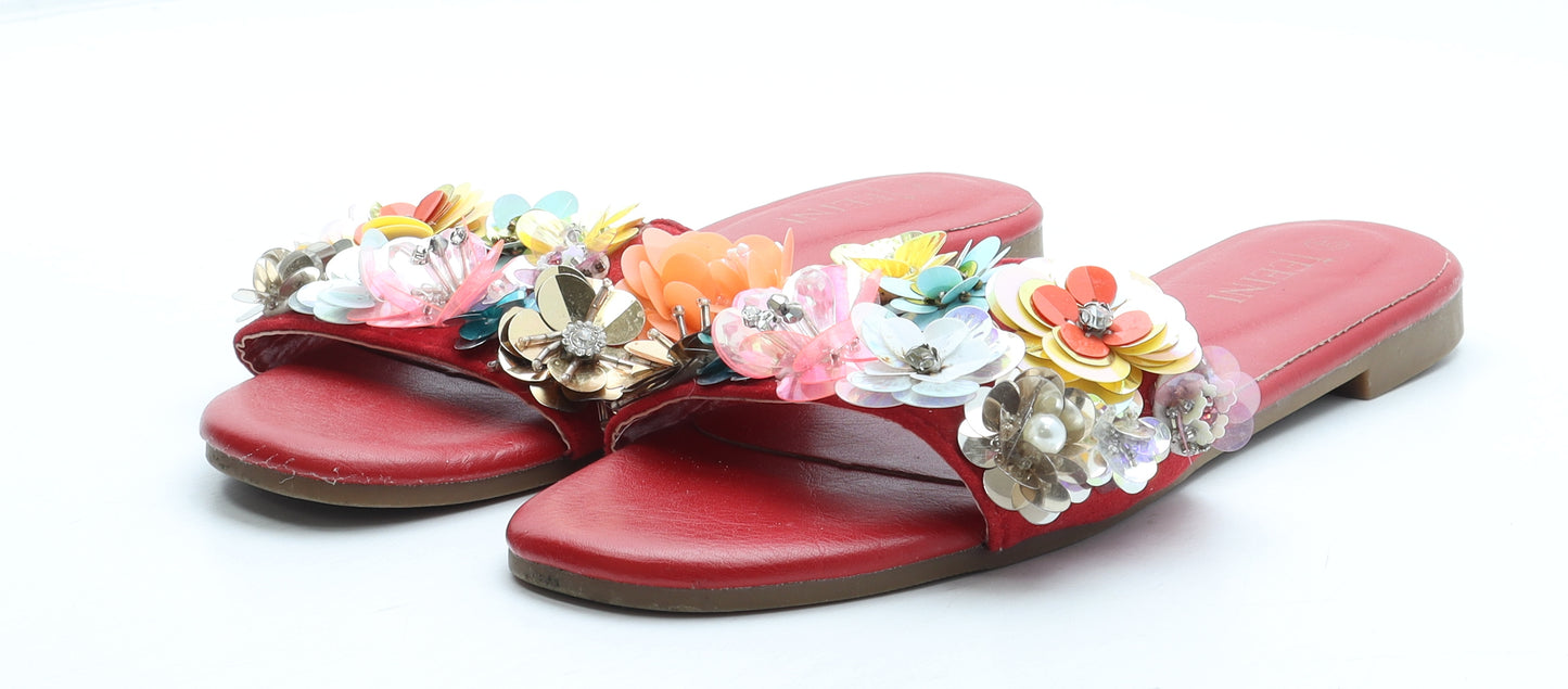 Jeeini Womens Red Floral Polyurethane Slip On Flat UK