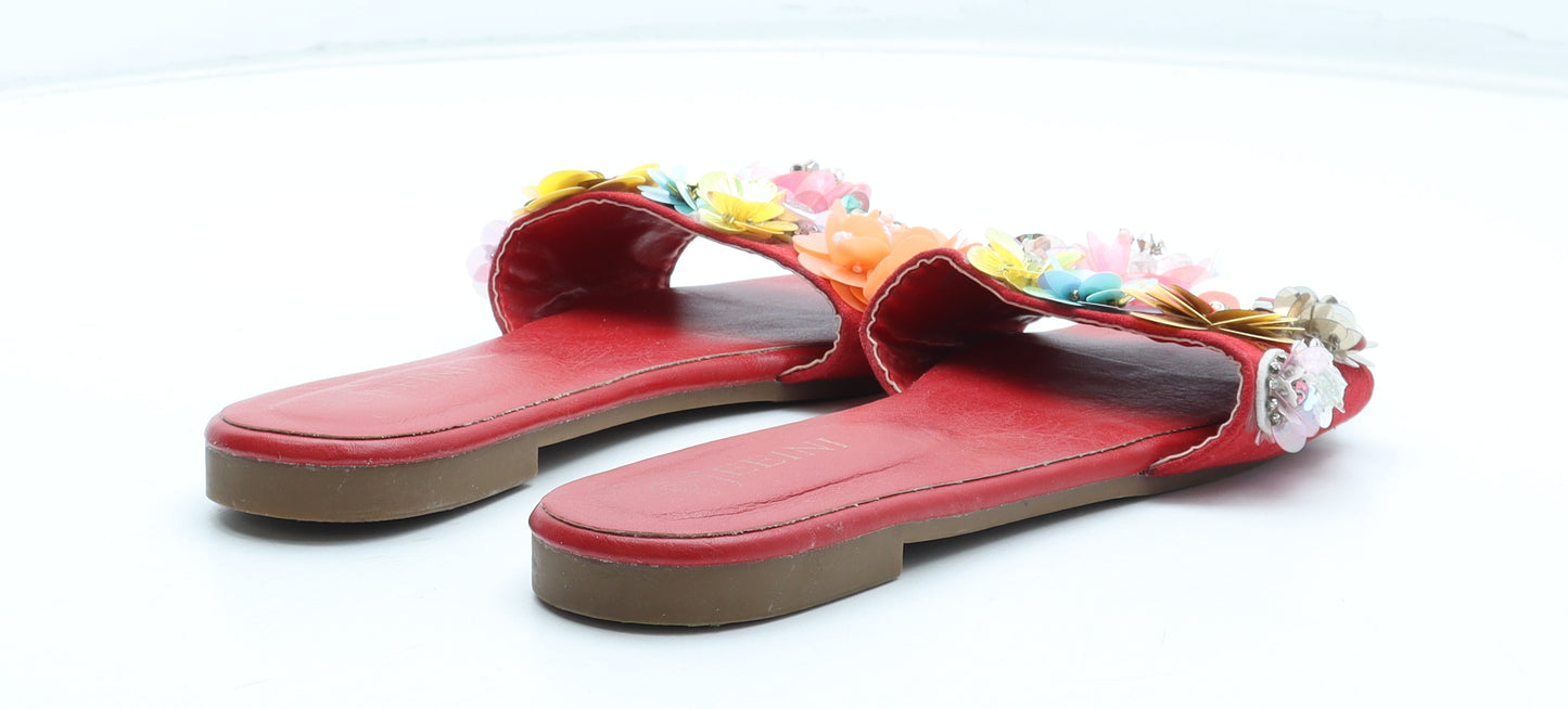 Jeeini Womens Red Floral Polyurethane Slip On Flat UK