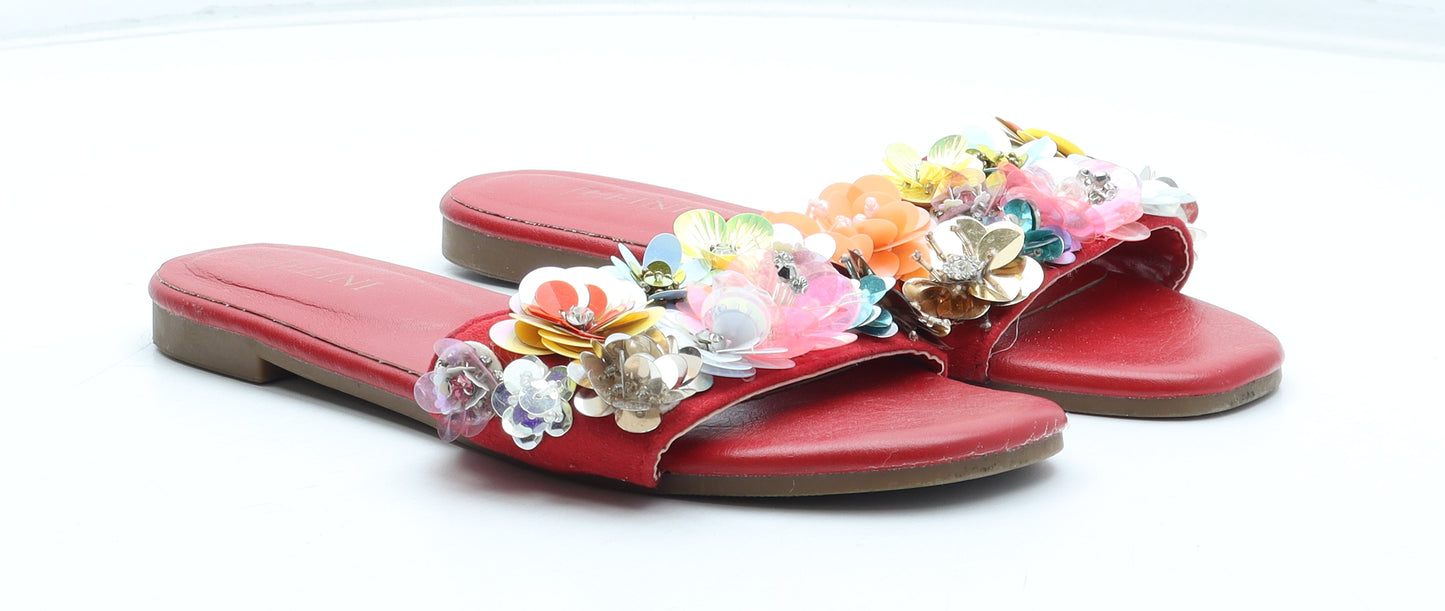 Jeeini Womens Red Floral Polyurethane Slip On Flat UK