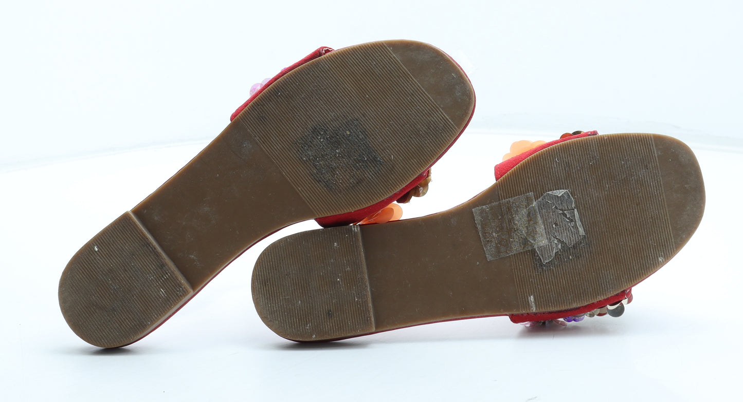 Jeeini Womens Red Floral Polyurethane Slip On Flat UK