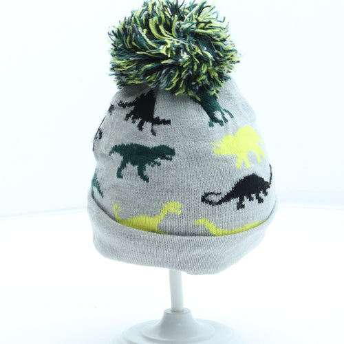 F&F Boys Grey Geometric Acrylic Bobble Hat Size S - Dinosaur Pattern Size 3-6 Months