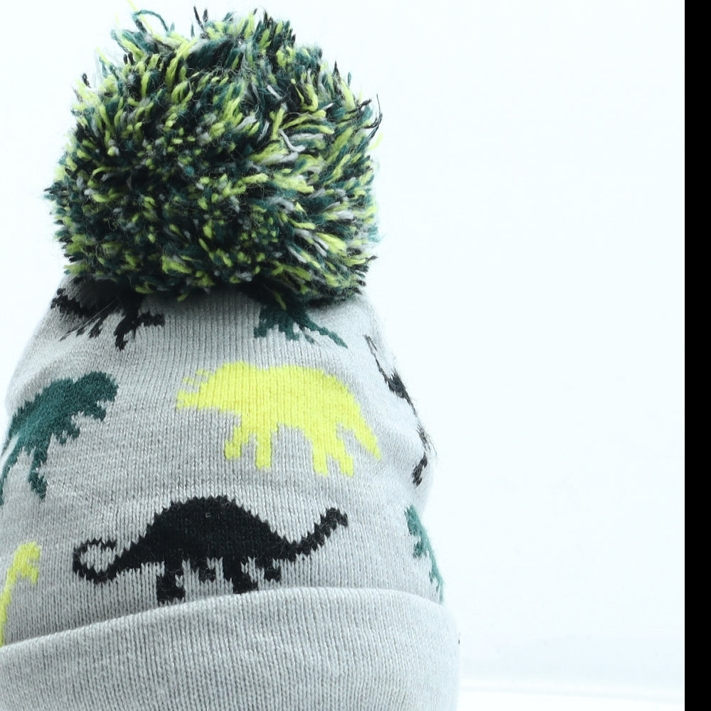 F&F Boys Grey Geometric Acrylic Bobble Hat Size S - Dinosaur Pattern Size 3-6 Months