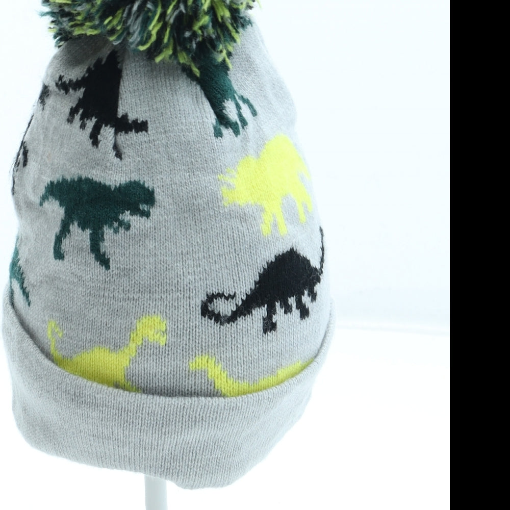 F&F Boys Grey Geometric Acrylic Bobble Hat Size S - Dinosaur Pattern Size 3-6 Months