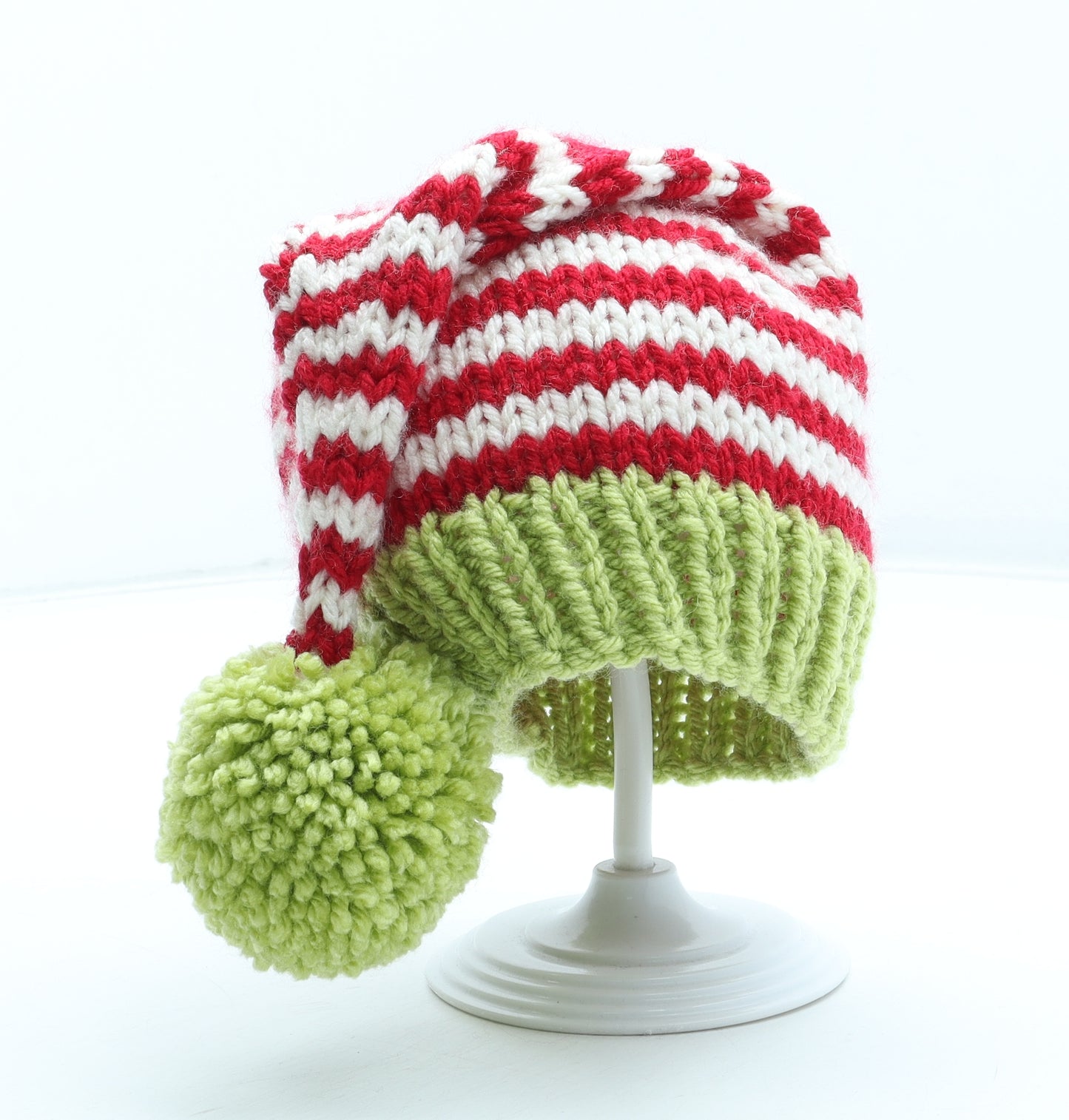 Preworn Boys Multicoloured Striped Acrylic Bobble Hat Size S - Christmas Elf Hat