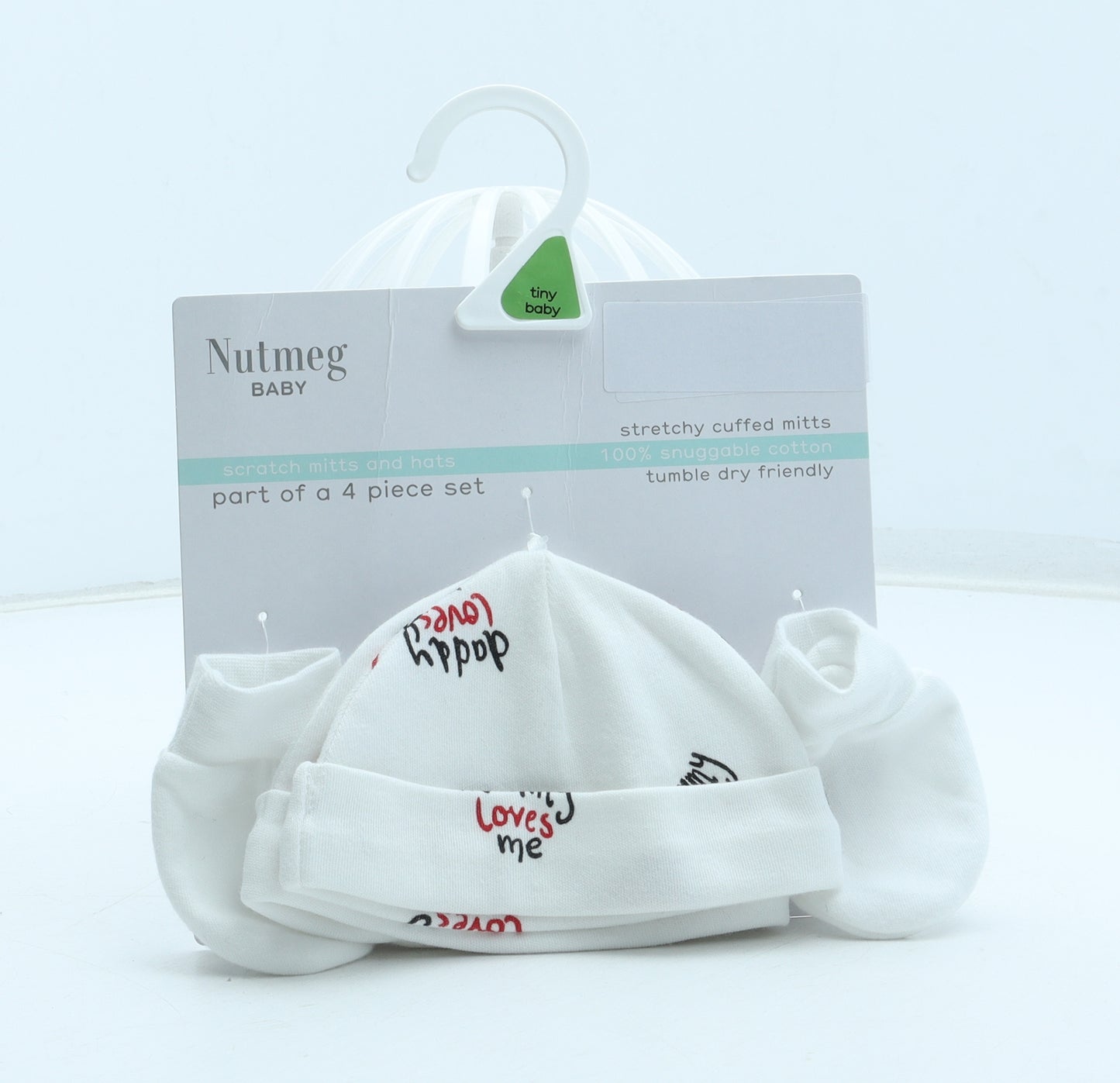 Nutmeg Girls White Geometric Cotton Beanie Size XS - Pack of Two Mittens Included Size 0-3 Months
