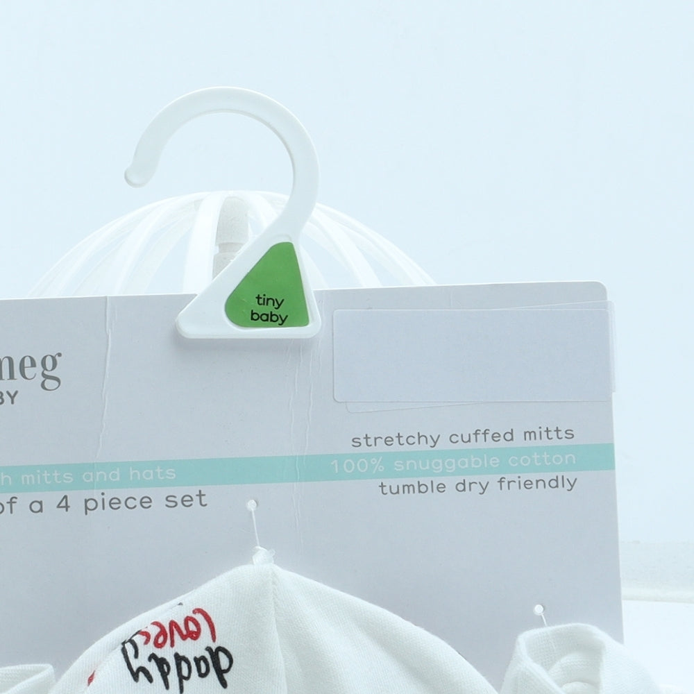 Nutmeg Girls White Geometric Cotton Beanie Size XS - Pack of Two Mittens Included Size 0-3 Months