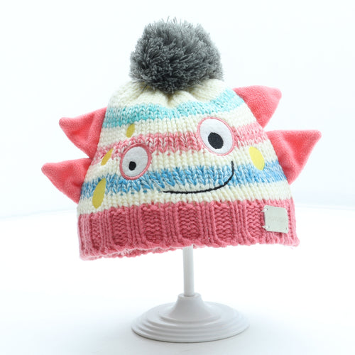Blade & Rose Girls Multicoloured Striped Acrylic Bobble Hat Size S - Monster Detail Size 1-2 Years