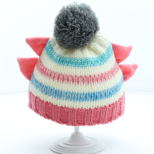 Blade & Rose Girls Multicoloured Striped Acrylic Bobble Hat Size S - Monster Detail Size 1-2 Years