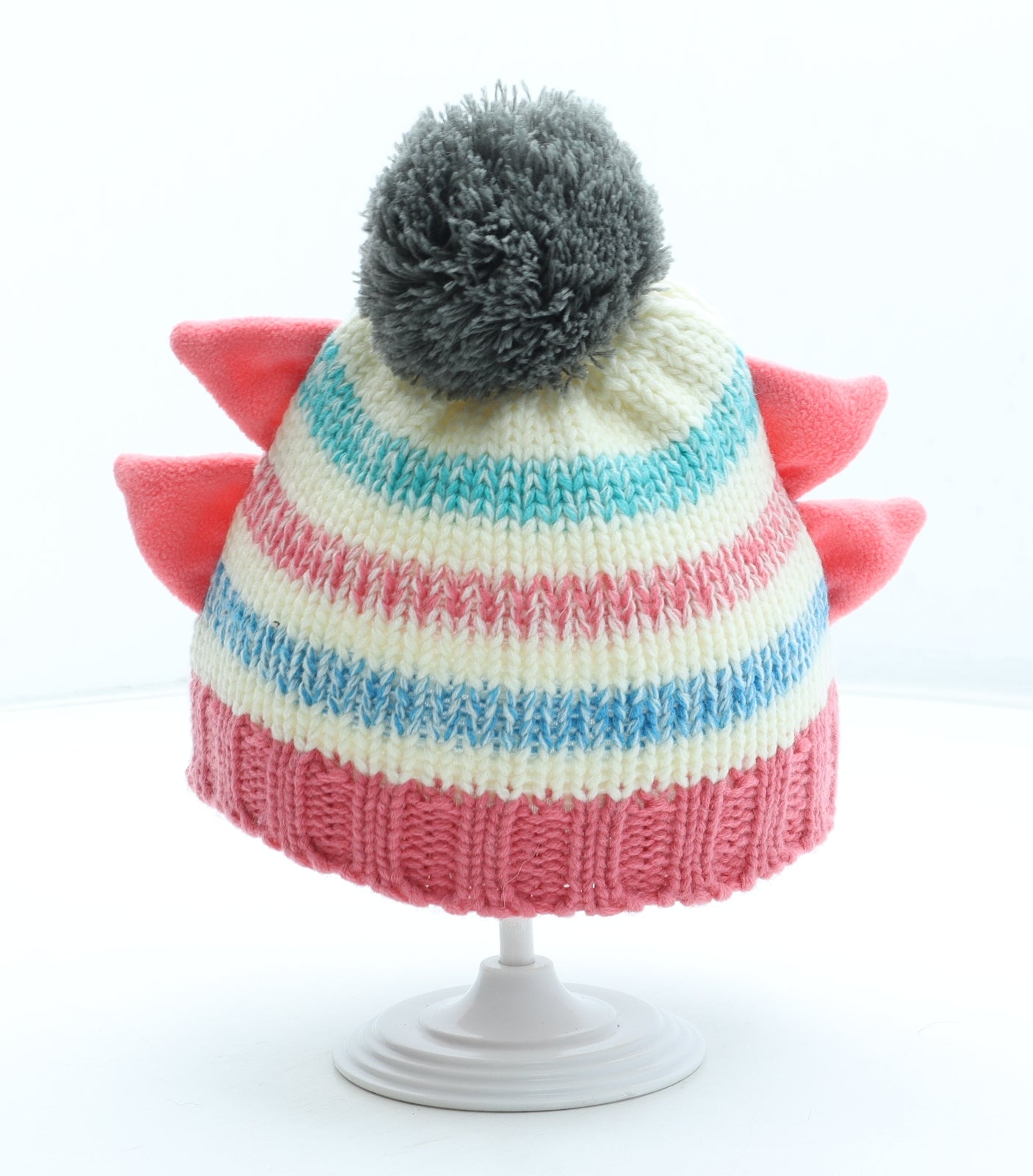 Blade & Rose Girls Multicoloured Striped Acrylic Bobble Hat Size S - Monster Detail Size 1-2 Years