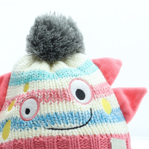 Blade & Rose Girls Multicoloured Striped Acrylic Bobble Hat Size S - Monster Detail Size 1-2 Years