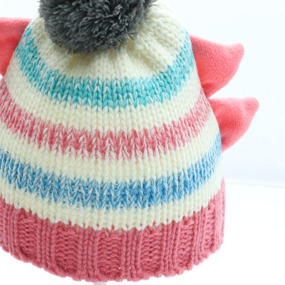 Blade & Rose Girls Multicoloured Striped Acrylic Bobble Hat Size S - Monster Detail Size 1-2 Years