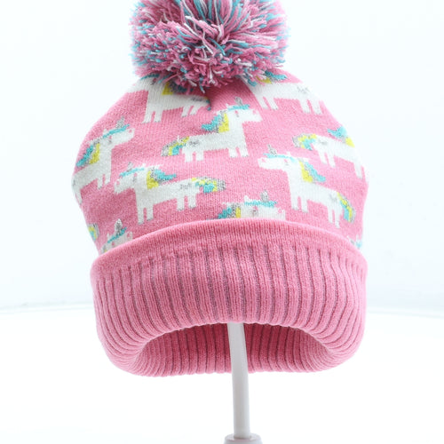 Hawkins Girls Pink Geometric Acrylic Bobble Hat Size S - Unicorn Pattern