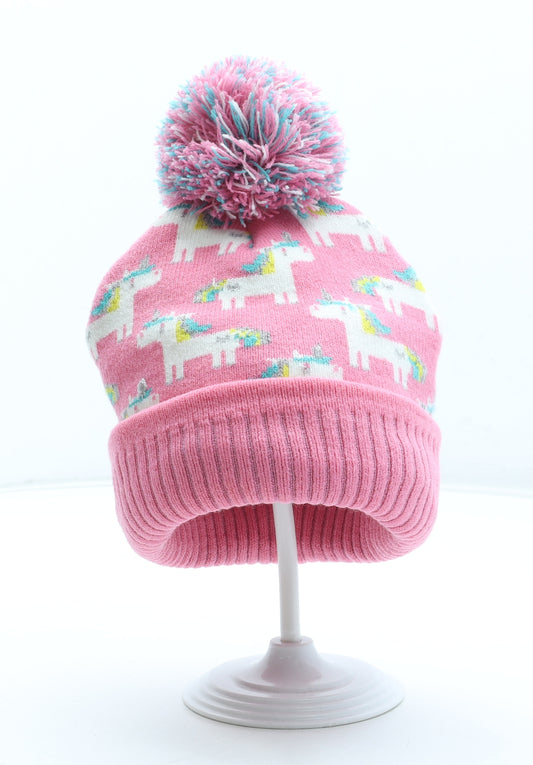 Hawkins Girls Pink Geometric Acrylic Bobble Hat Size S - Unicorn Pattern