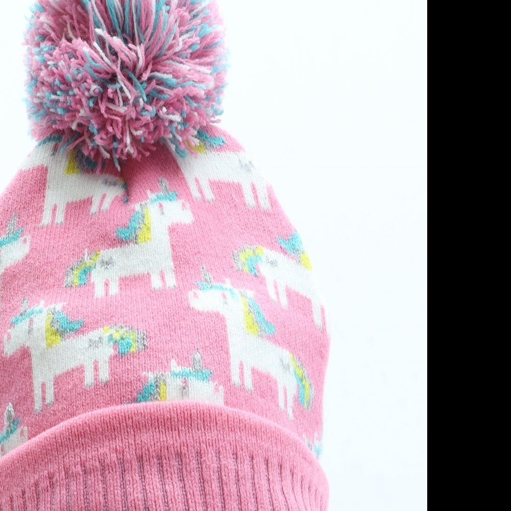 Hawkins Girls Pink Geometric Acrylic Bobble Hat Size S - Unicorn Pattern
