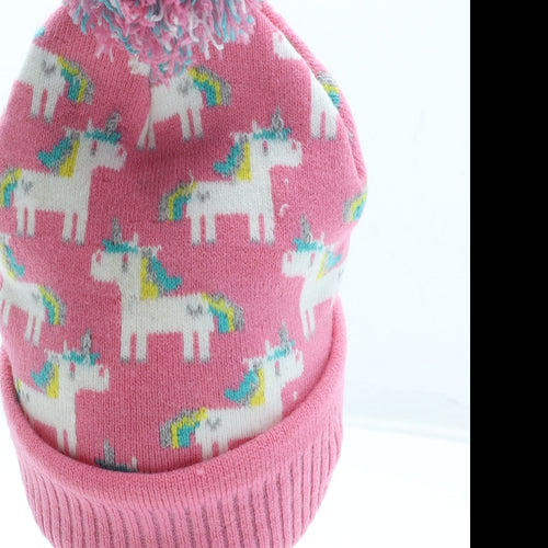 Hawkins Girls Pink Geometric Acrylic Bobble Hat Size S - Unicorn Pattern