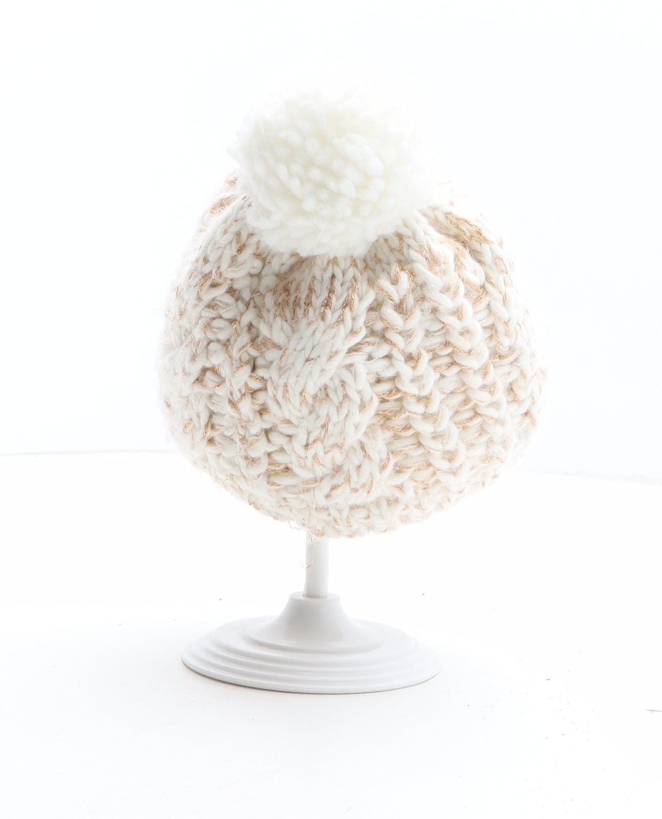 Primark Girls Beige Acrylic Bobble Hat One Size - UK Size 6-12 Months