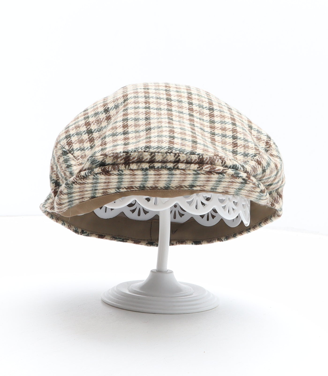 St Michael Mens Beige Plaid Wool Peaked Cap Size 7 1/8