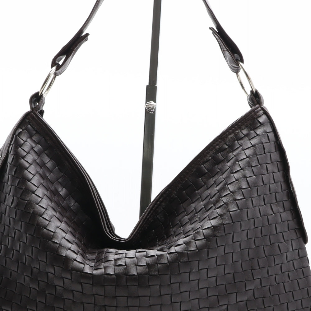 Preworn Womens Brown Geometric Polyurethane Shoulder Bag Size Large