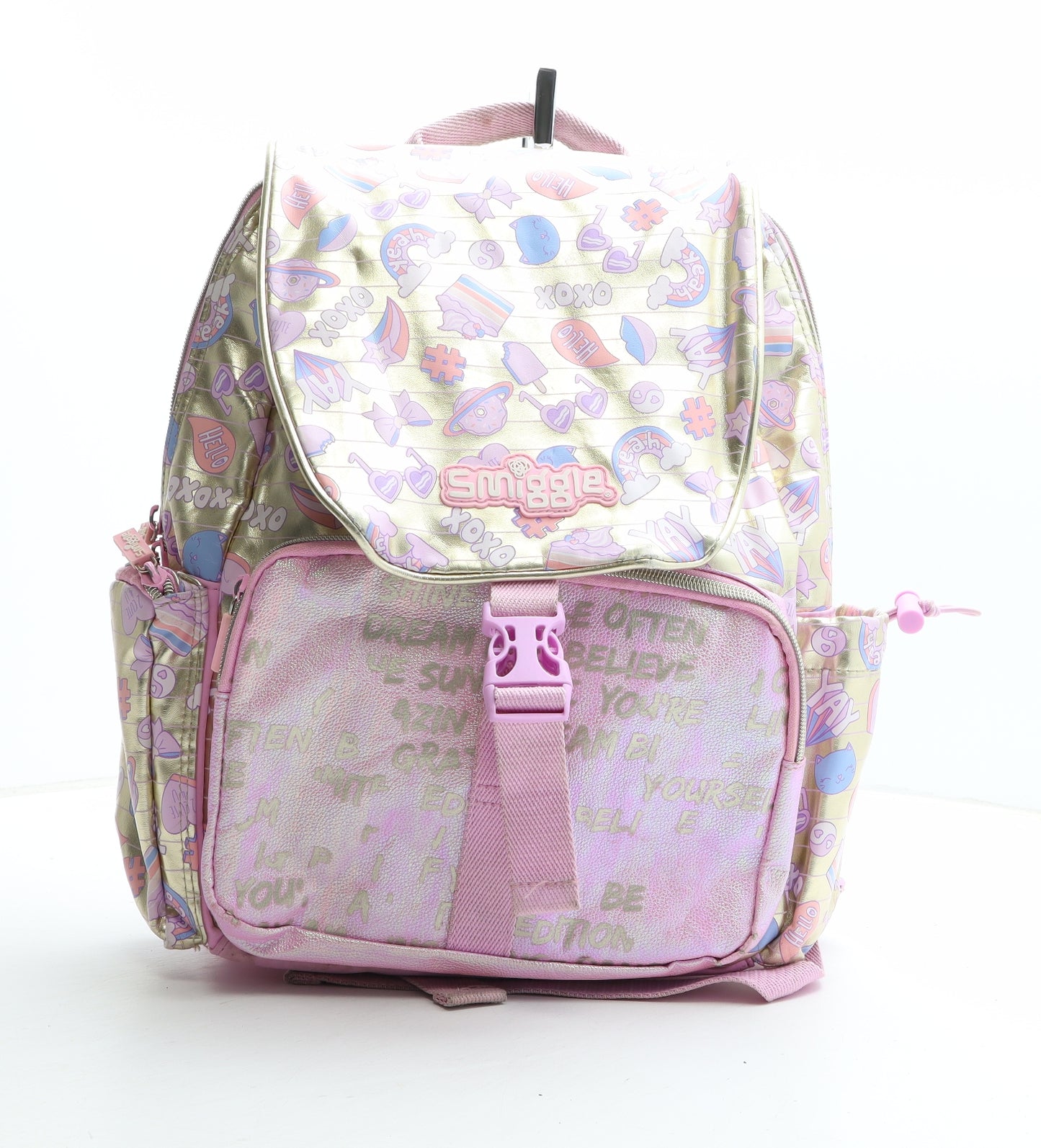 Smiggle Girls Gold Geometric Polyurethane Backpack Size Large Zip