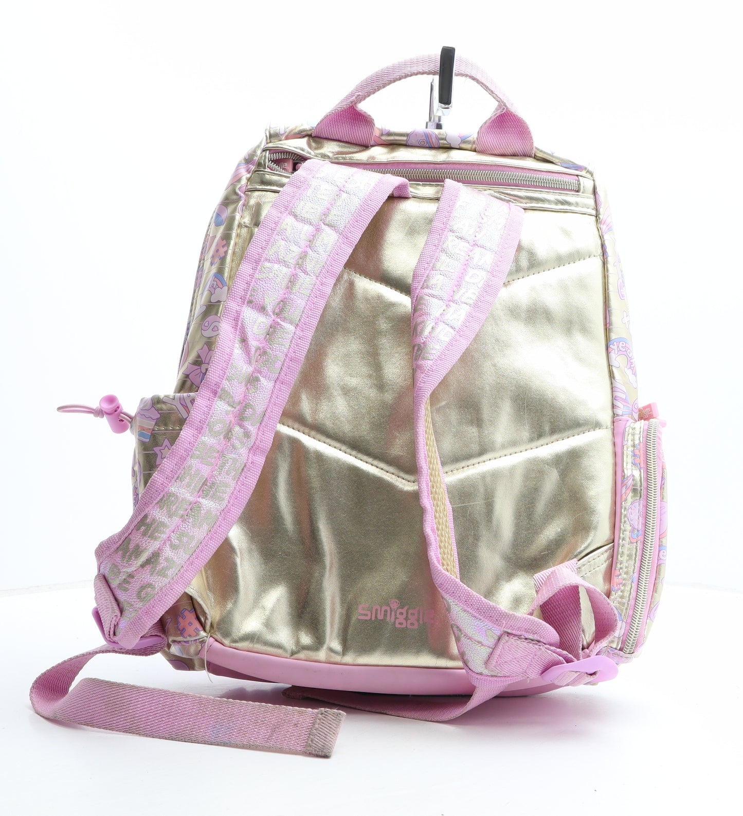 Smiggle Girls Gold Geometric Polyurethane Backpack Size Large Zip