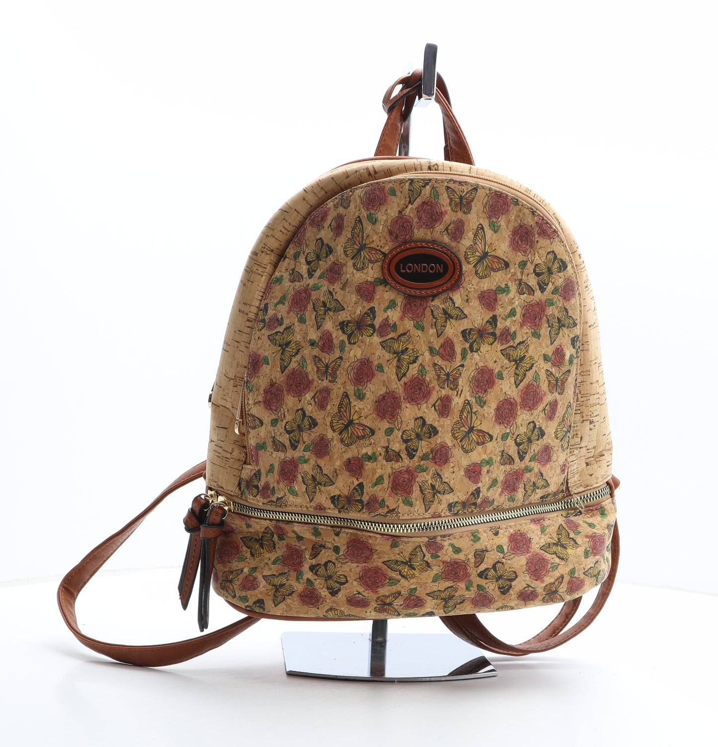Preworn Womens Beige Floral Polyurethane Backpack Size Small - Butterfly Pattern