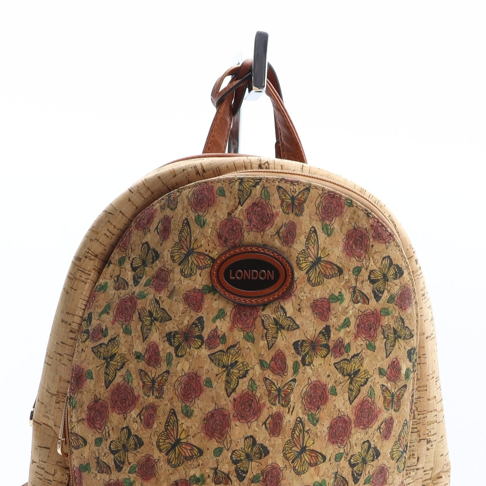 Preworn Womens Beige Floral Polyurethane Backpack Size Small - Butterfly Pattern