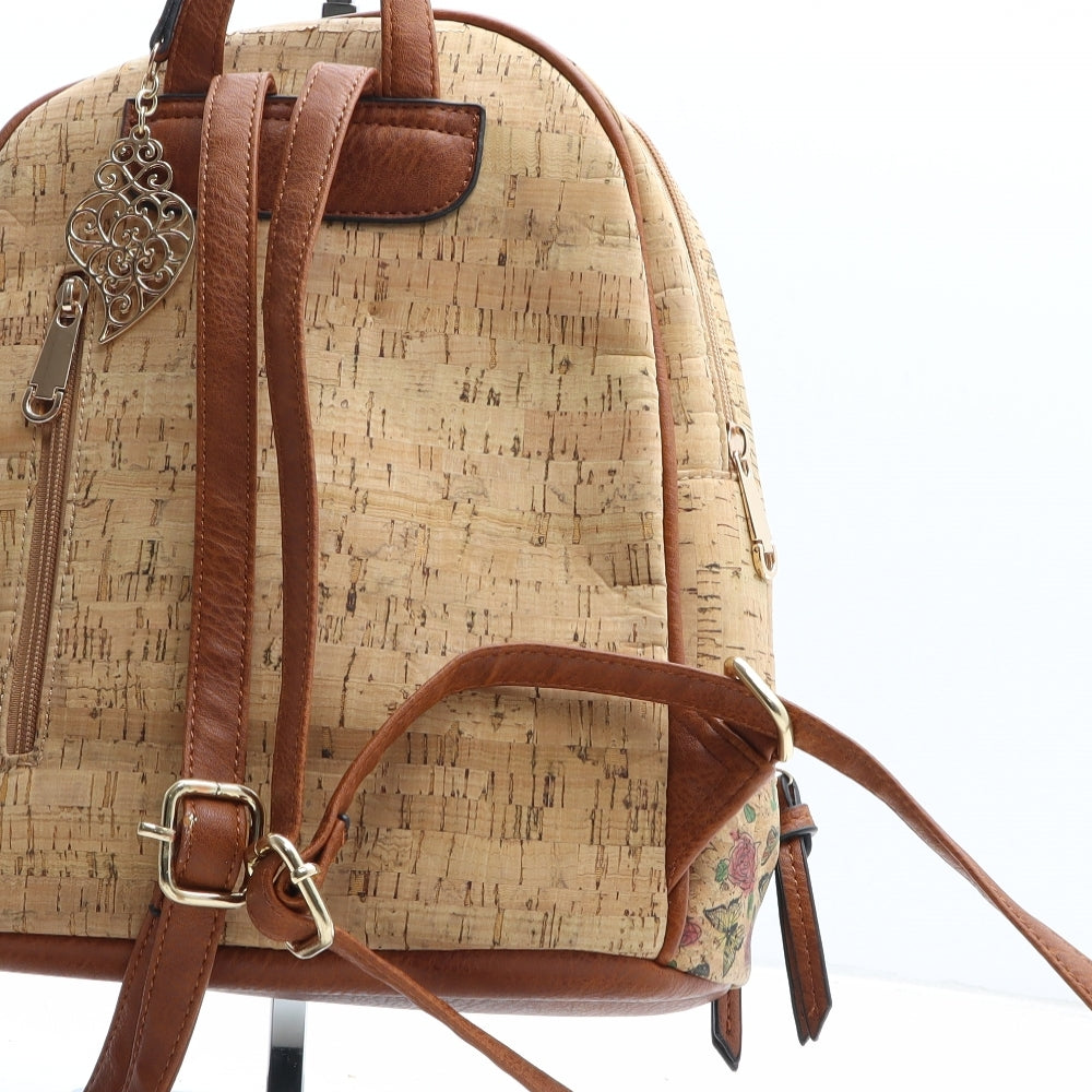 Preworn Womens Beige Floral Polyurethane Backpack Size Small - Butterfly Pattern