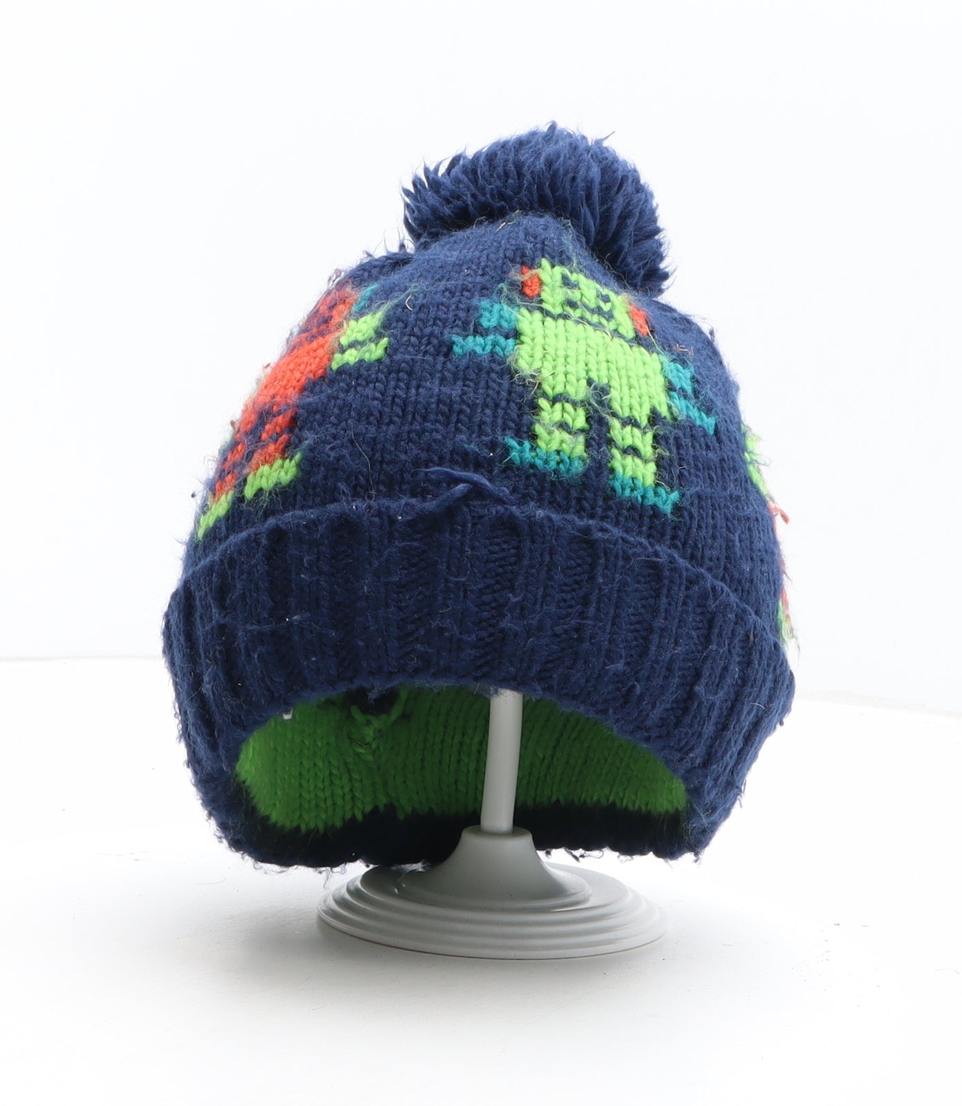 F&F Boys Blue Geometric Acrylic Bobble Hat One Size - Robot Pattern UK Size 4-8 Years
