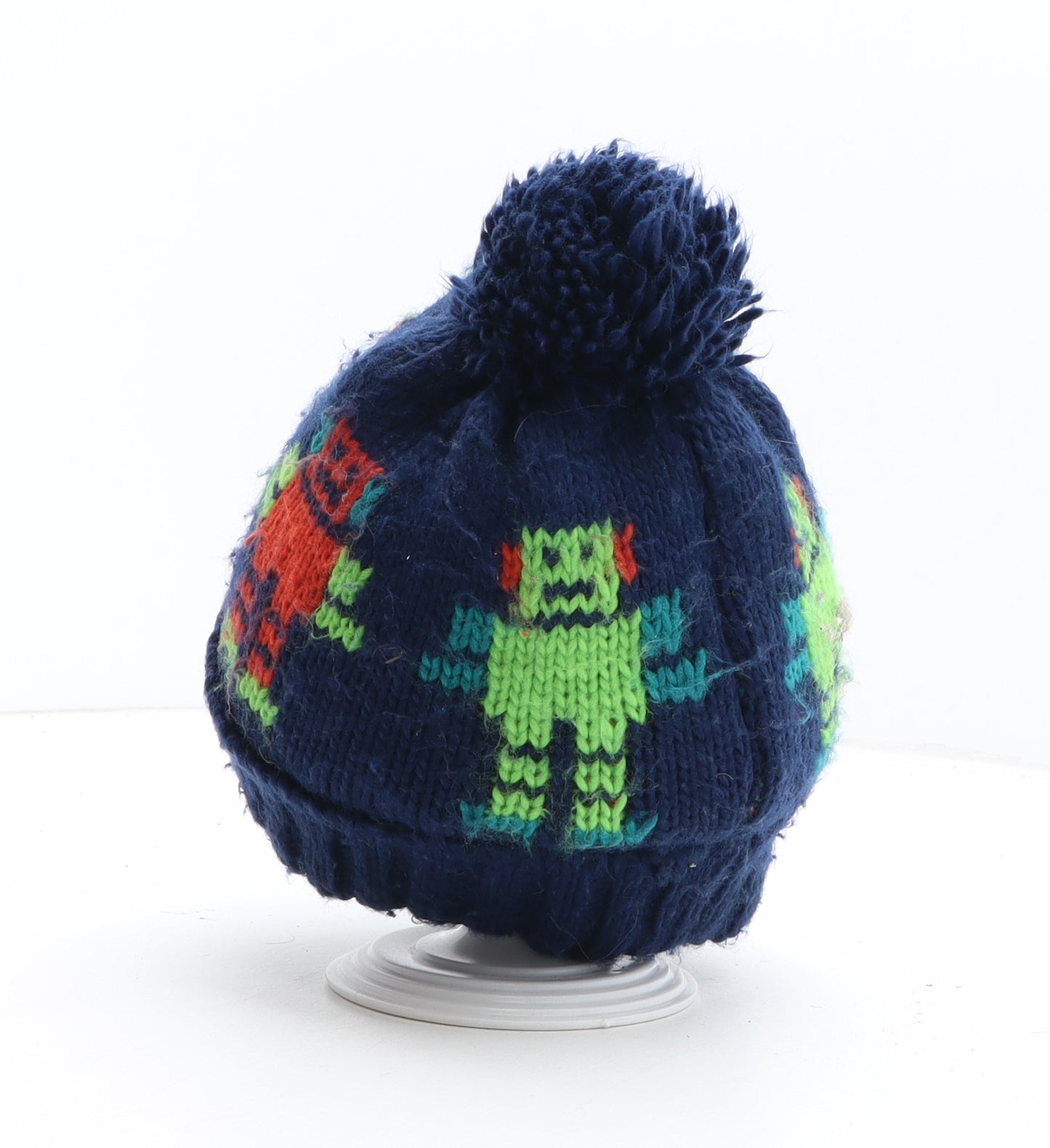 F&F Boys Blue Geometric Acrylic Bobble Hat One Size - Robot Pattern UK Size 4-8 Years