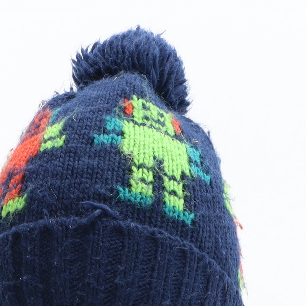 F&F Boys Blue Geometric Acrylic Bobble Hat One Size - Robot Pattern UK Size 4-8 Years