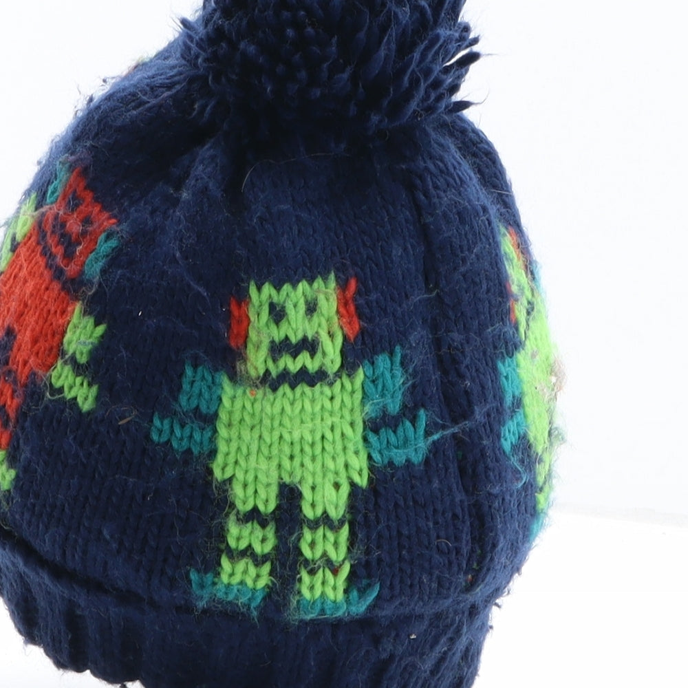 F&F Boys Blue Geometric Acrylic Bobble Hat One Size - Robot Pattern UK Size 4-8 Years