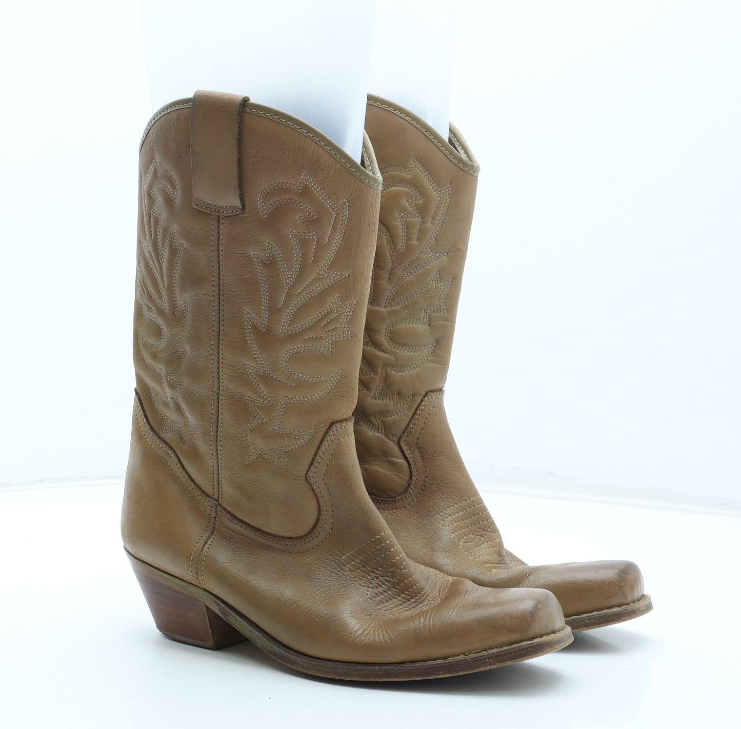 Preworn Womens Beige Geometric Leather Cowboy Boot UK