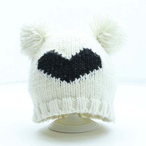 Preworn Womens White Acrylic Bobble Hat One Size - Heart Pattern