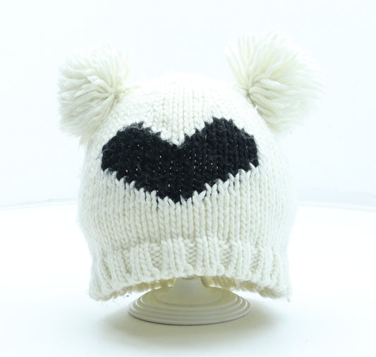 Preworn Womens White Acrylic Bobble Hat One Size - Heart Pattern