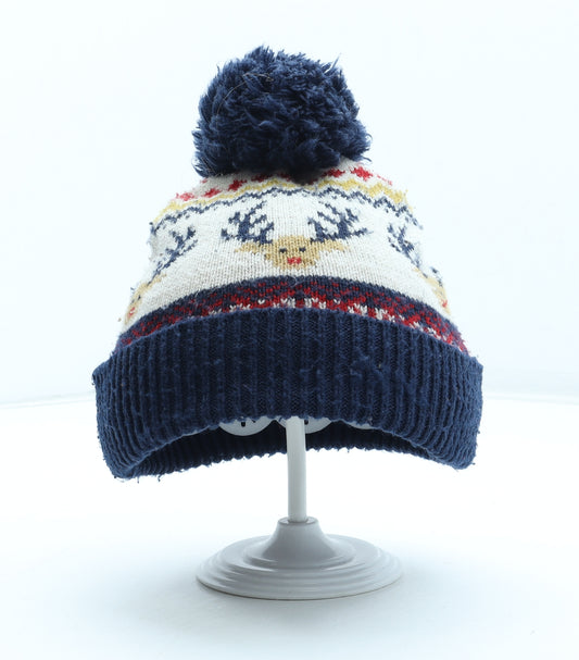 F&F Boys Multicoloured Fair Isle Acrylic Bobble Hat Size S - Reindeer Pattern Size 7-10 Years