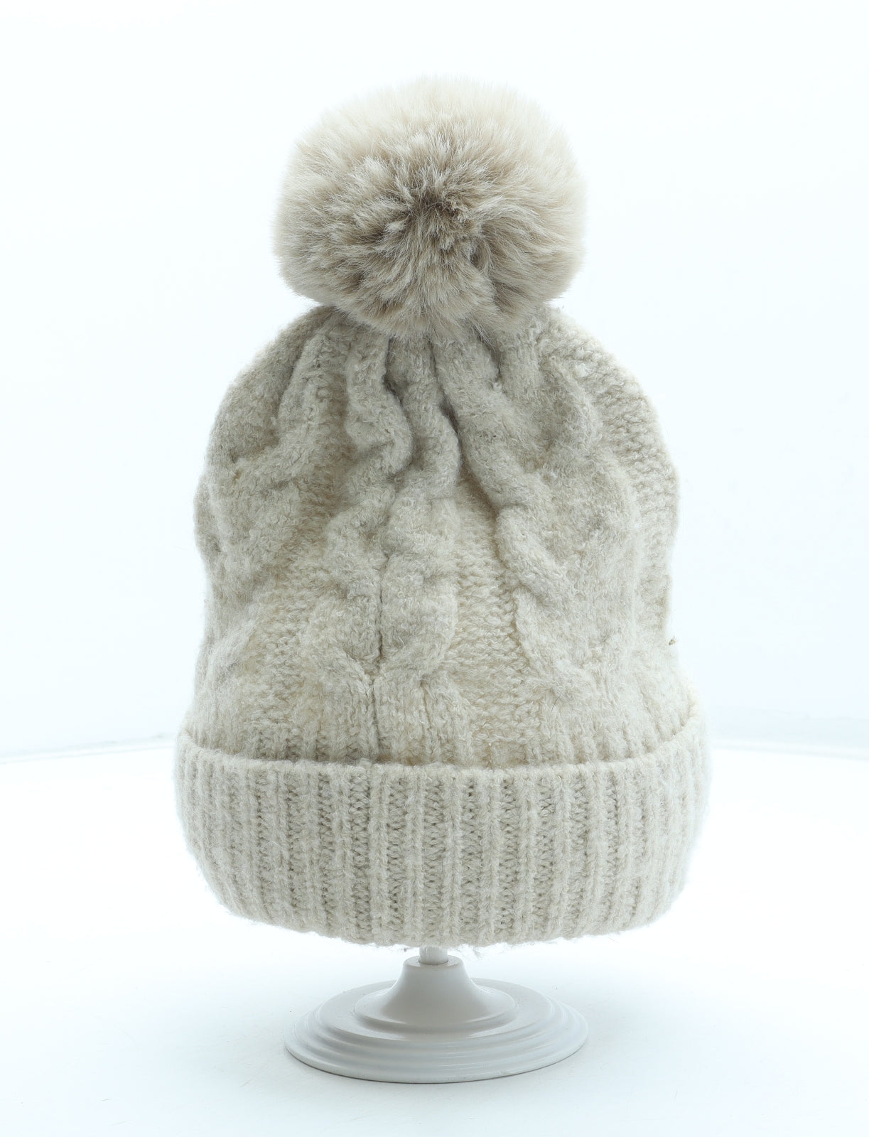 F&F Womens Beige Acrylic Bobble Hat One Size
