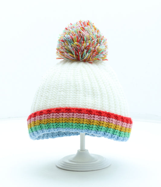 George Girls White Colourblock Acrylic Bobble Hat Size S - Size 1-3 years