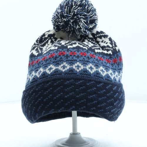 Marks and Spencer Womens Blue Fair Isle Acrylic Bobble Hat Size S - Size S-M