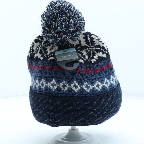 Marks and Spencer Womens Blue Fair Isle Acrylic Bobble Hat Size S - Size S-M