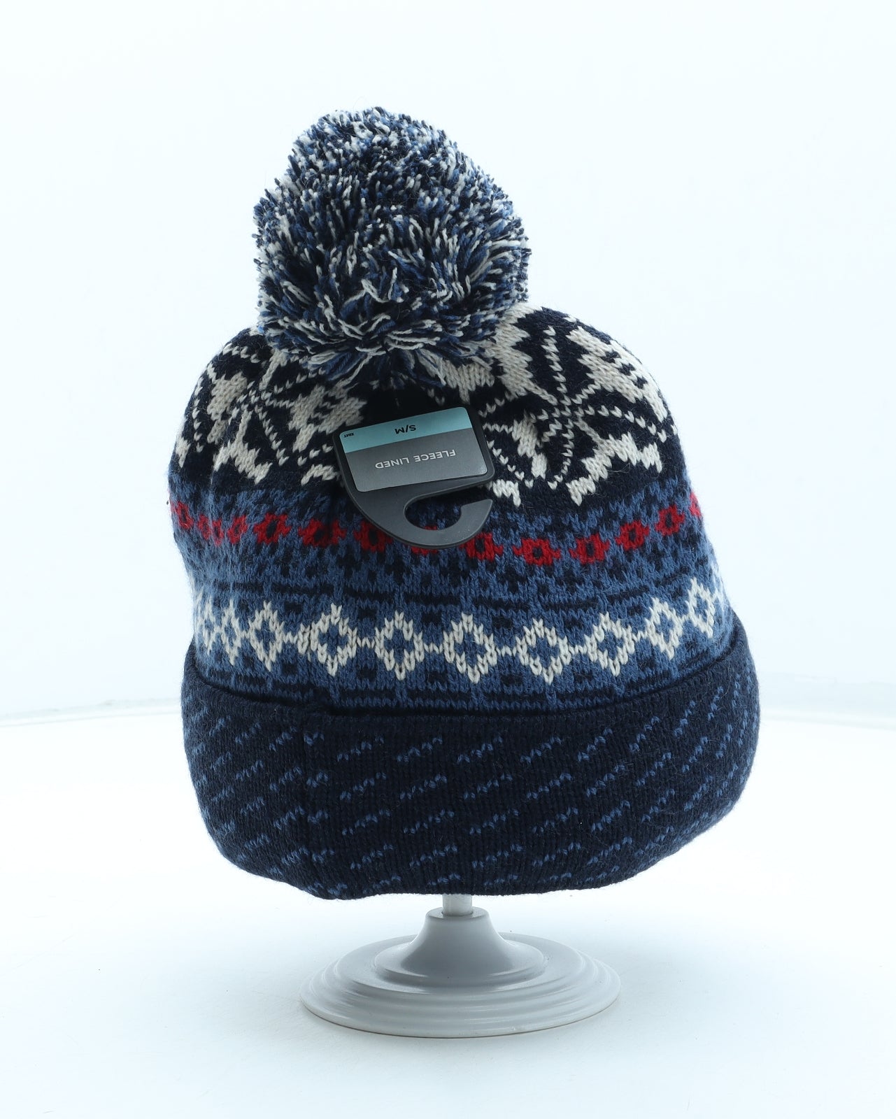 Marks and Spencer Womens Blue Fair Isle Acrylic Bobble Hat Size S - Size S-M
